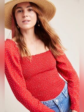 Maeve by Anthropologie Ruched Mesh Polka Dot Top Medium